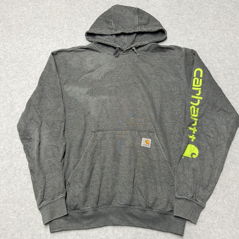 Carhartt Hoodie Mens Small Gray Loose Fit Sleeve Logo Fleece Pullover Sweatshirt